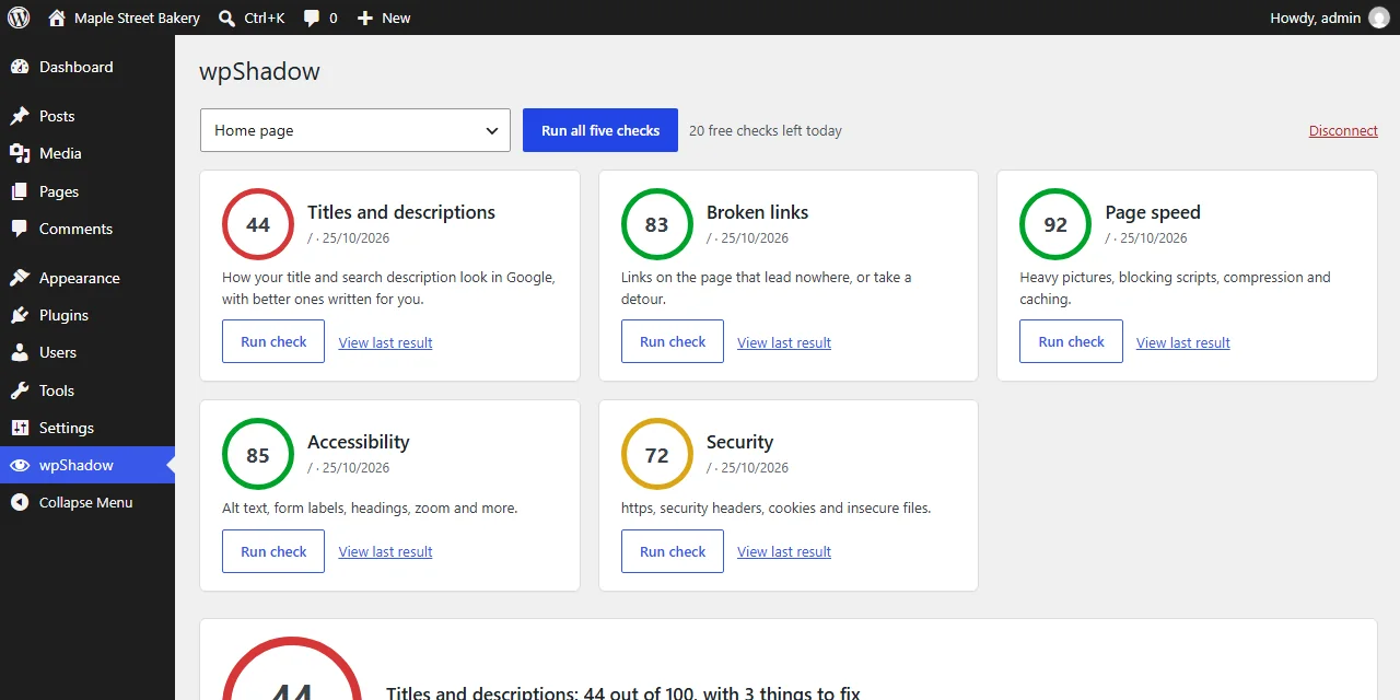 The wpShadow screen in a WordPress dashboard. A page picker and a Run all five checks button sit above five score cards: Titles and descriptions 44, Broken links 83, Page speed 92, Accessibility 85 and Security 72.