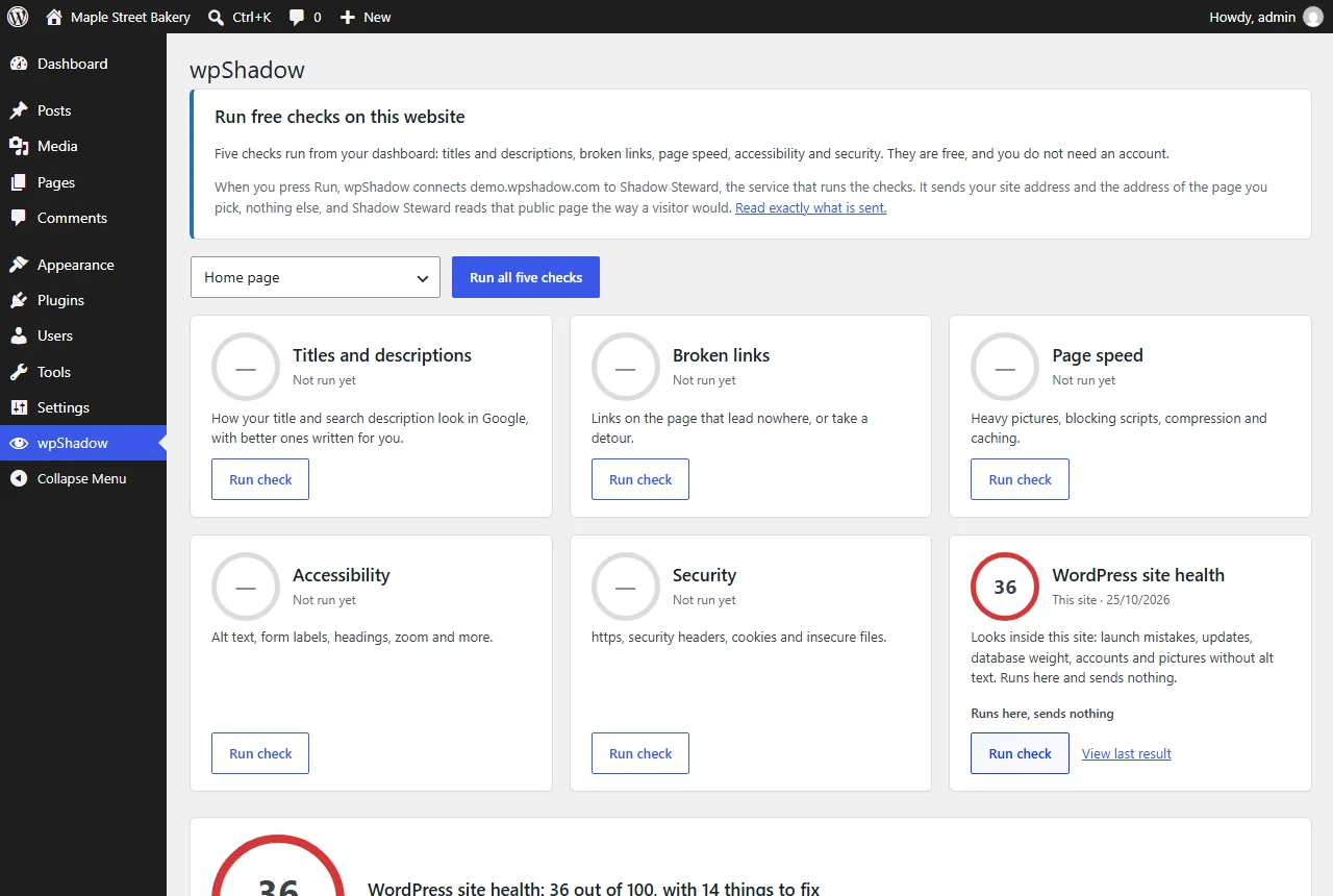 The wpShadow dashboard with six cards. The sixth, WordPress site health, is marked Runs here, sends nothing.