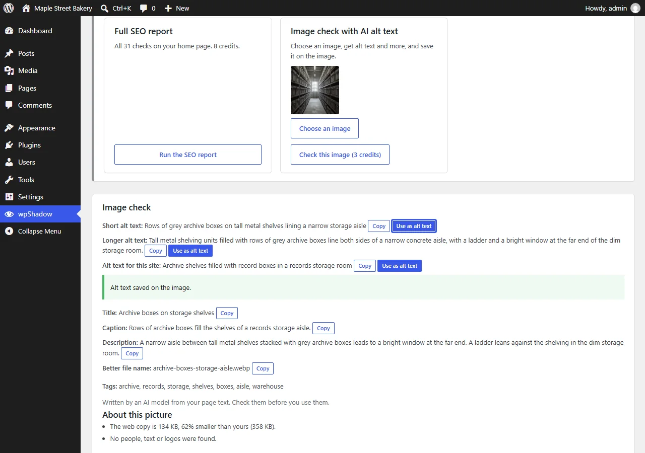 An image check result in wpShadow with short, longer and site-specific alt text options, each with Copy and Use as alt text buttons, plus a title, caption and a better file name.