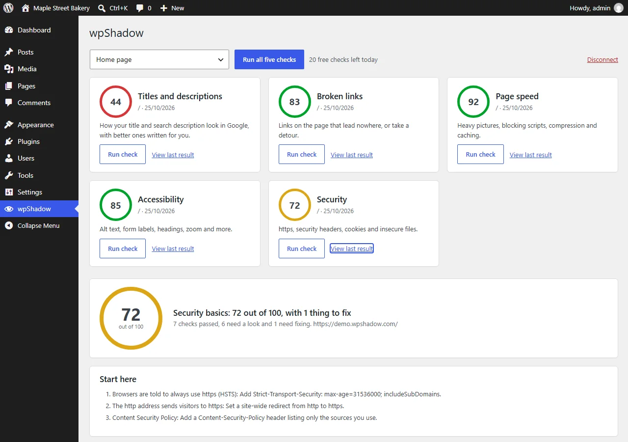 A security result in wpShadow: a score of 72 and a table of security headers showing which are present and which are missing.