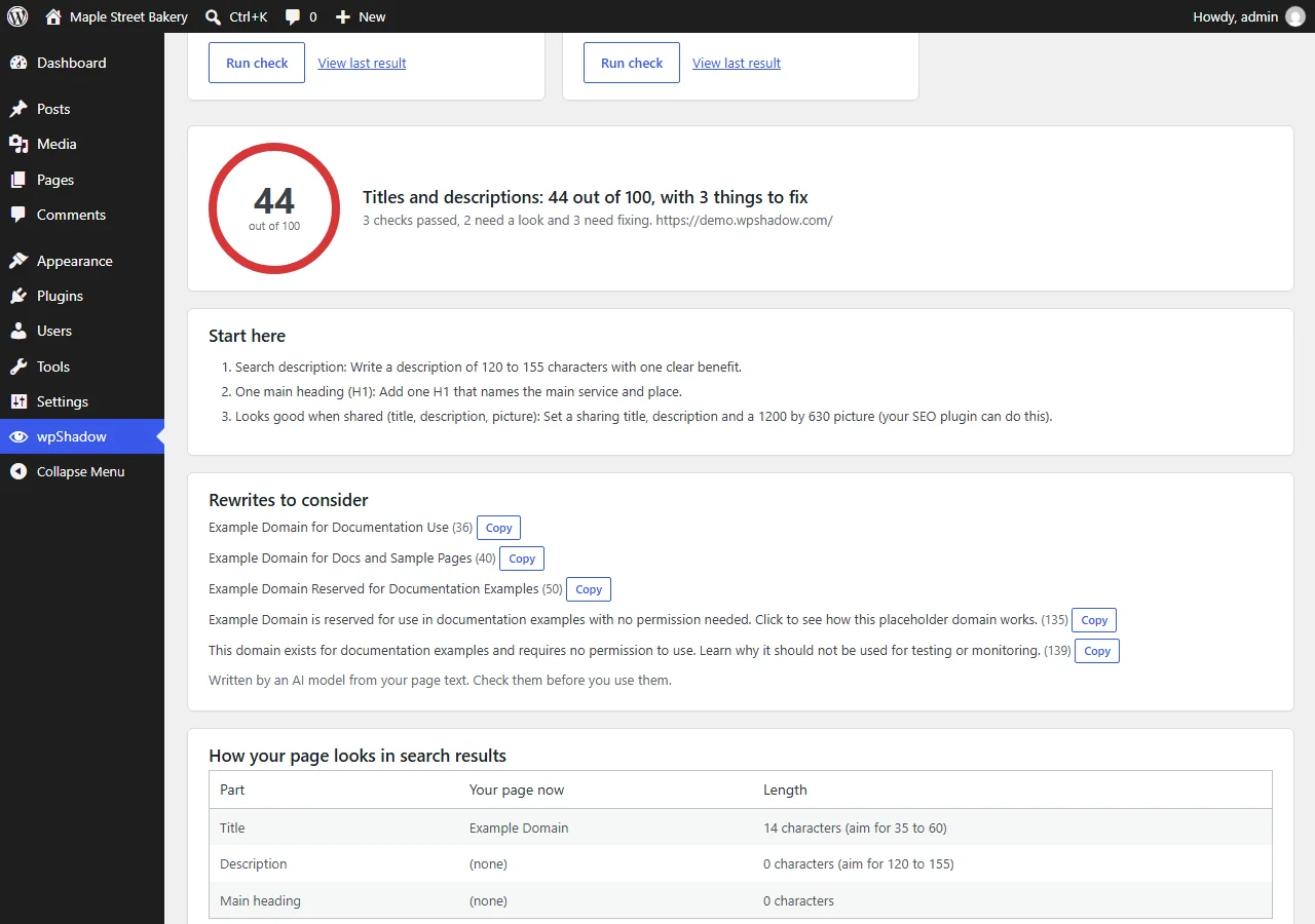 A titles and descriptions result in wpShadow: a score of 44 out of 100, three things to fix, and suggested replacement titles and search descriptions with copy buttons.